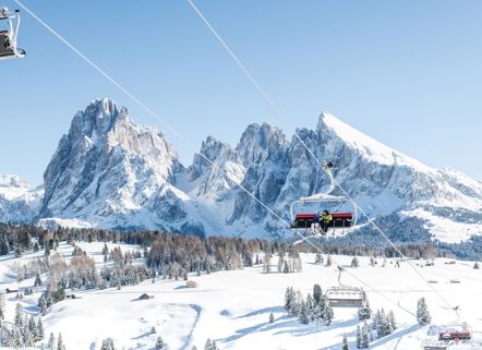 Zwei Personen benutzen einen Skilift