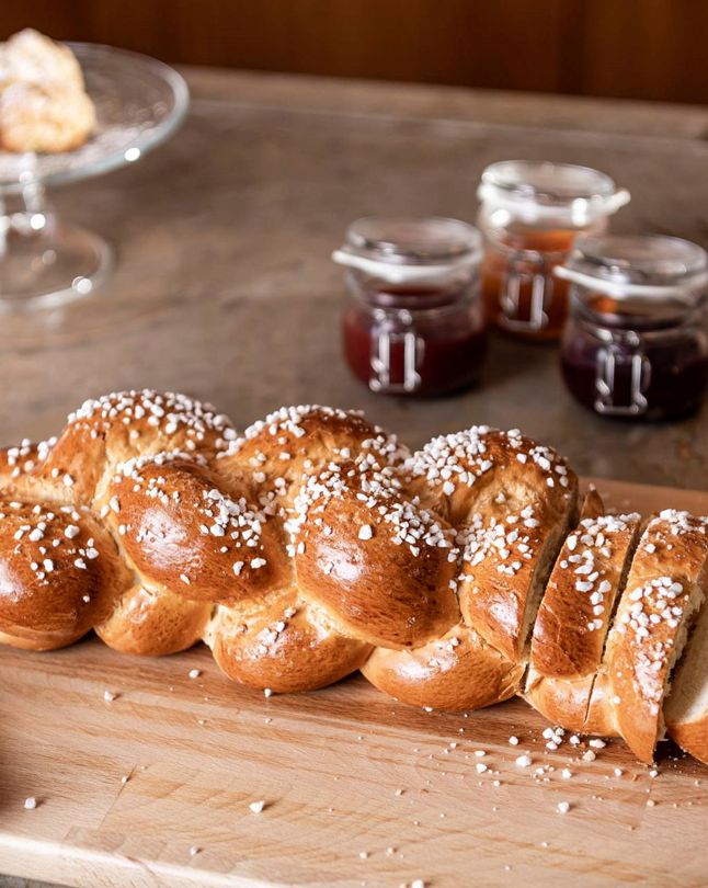 A yeast braid, a typical South Tyrolean sweet bread, for breakfast